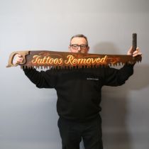Curiosity / Macabre: Giant “Tattoos Removed” Saw. A large vintage two man crosscut hand saw with