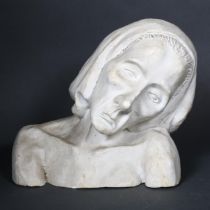 A plaster bust of a forlorn lady, incised Angela Jan 1958, height 18.5cm.