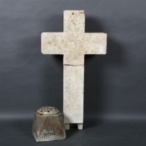 Curiosity / Macabre - a Grave marker cross and In Loving Memory flower memorial marker. The