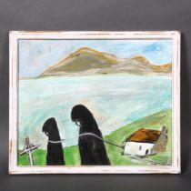 Contemporary Irish School, monks on the foreshore, Co Mayo, unsigned, 29cm x 36cm, framed