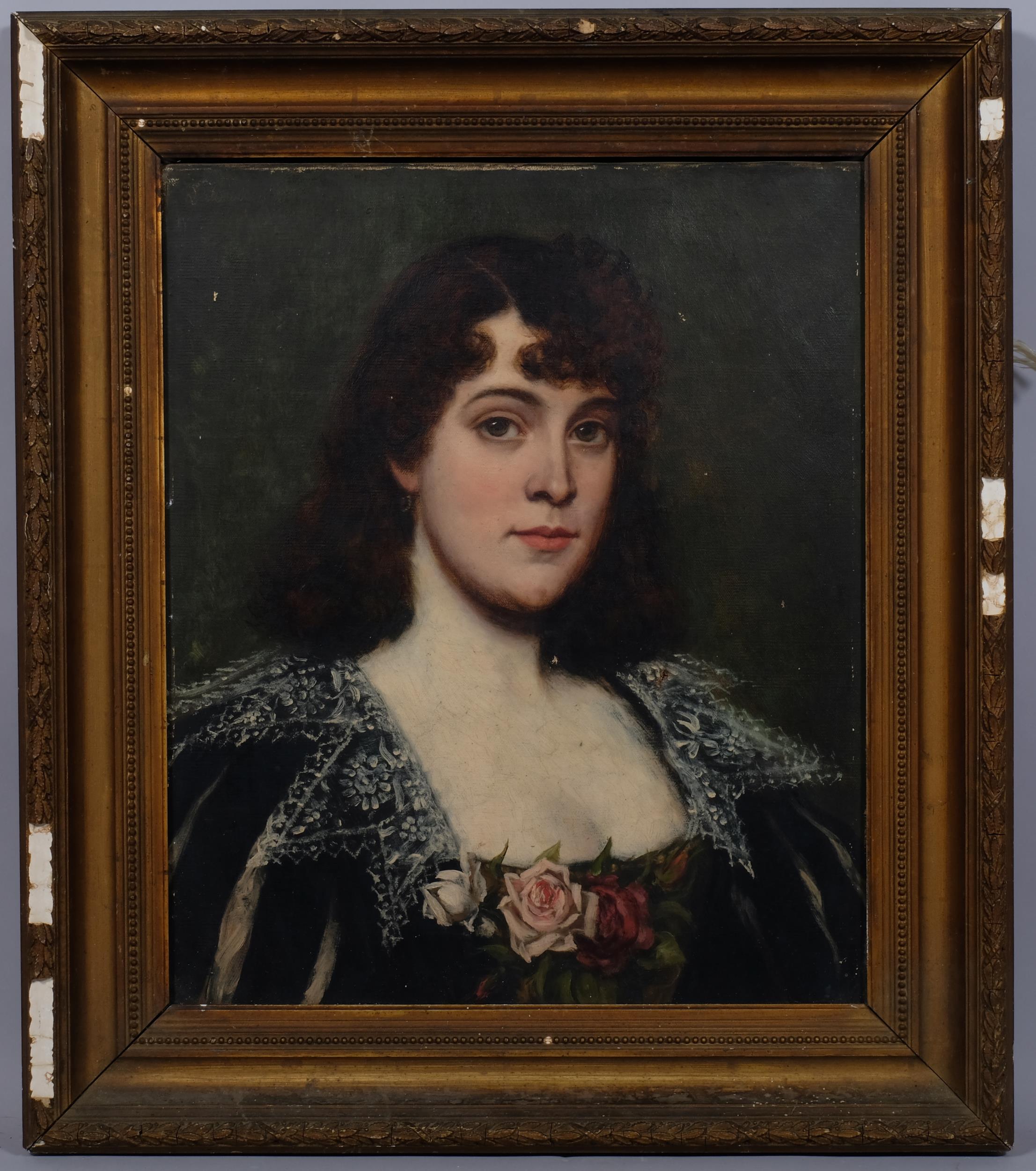 Portrait of a young woman, 19th century Continental oil on canvas, indistinctly signed, 53cm x 44cm,