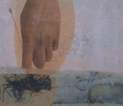 Keith Purser, landscape, oil/collage, artist's label verso, 19cm x 22cm, framed Slight paper