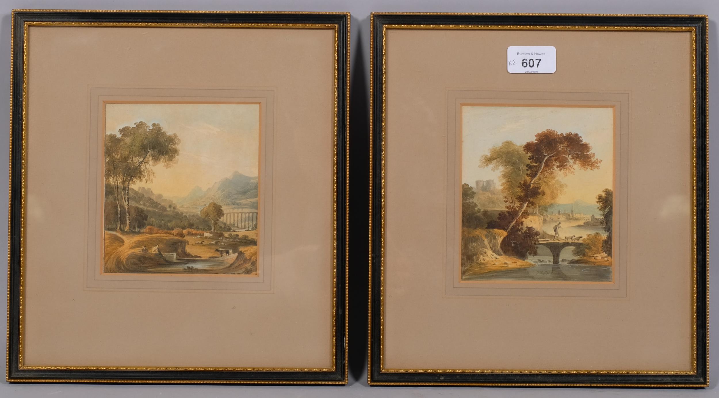 J Oldfield, pair of 19th century rural landscapes, watercolour, signed, 13cm x 12cm, framed Even