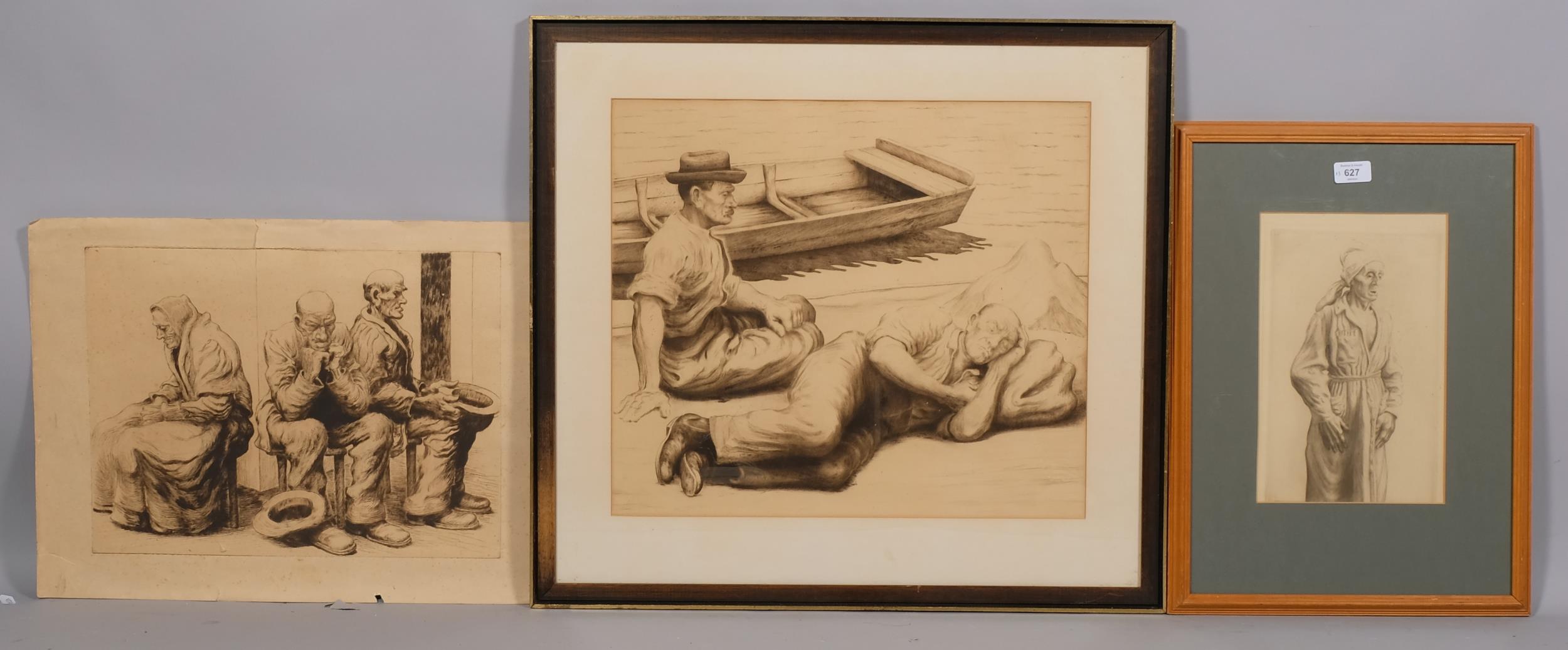 Karel Myslbek (1874 - 1915), 3 etchings, workers resting, 44cm x 50cm, 3 old people, 33cm x 43cm,