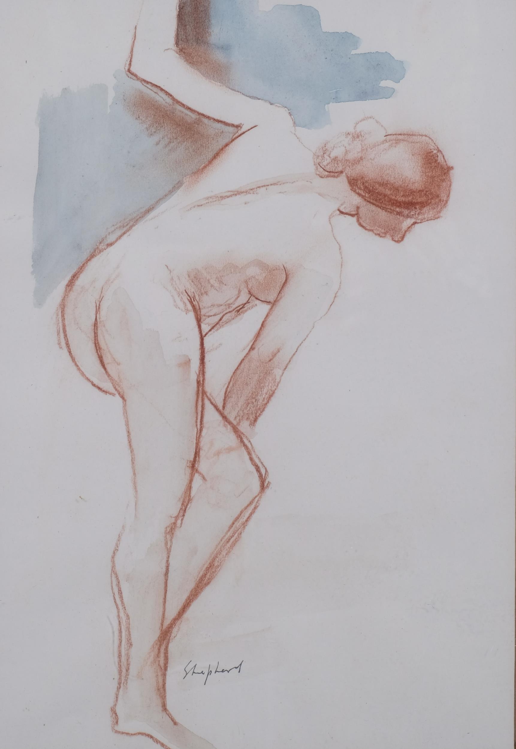 Toby Horne Shepherd, nude life study, sanguine chalk/watercolour, signed, 33cm x 23cm, framed Good - Image 2 of 4