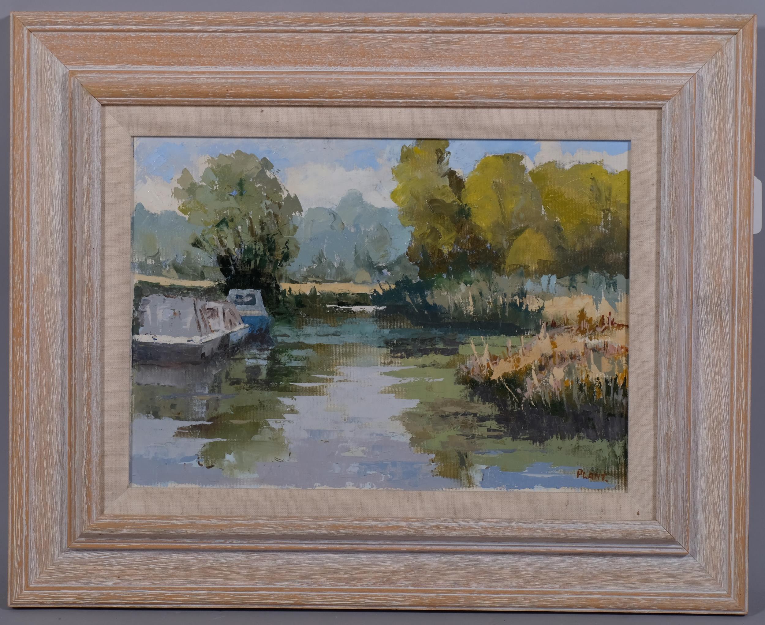 J Plant, the River Wey Guildford, oil on board, signed, 24cm x 34cm, framed Good condition