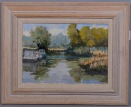 J Plant, the River Wey Guildford, oil on board, signed, 24cm x 34cm, framed Good condition