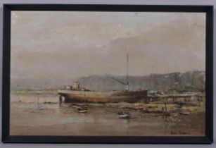 Alan Simpson, cargo boat at low tide, oil on canvas, 1971, signed, 46cm x 70cm, framed Good