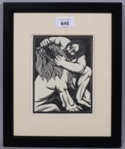 Robert Gibbings (1889-1958), wood engraving on paper, Samson and Delilah, 15.3cm x 11.5cm., mounted,