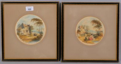 J Oldfield, pair of 19th century rural landscapes, watercolour, signed, 14cm across, framed Even