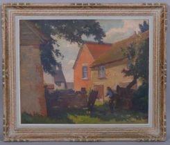 Workman and cottages, mid-20th century oil on board, unsigned, 50cm x 60cm, framed Good original