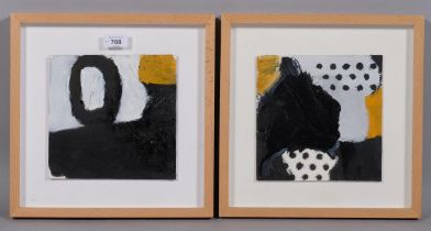 Pair of contemporary abstract compositions, oils on board, unsigned, 19cm x 19cm, framed Good