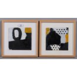 Pair of contemporary abstract compositions, oils on board, unsigned, 19cm x 19cm, framed Good