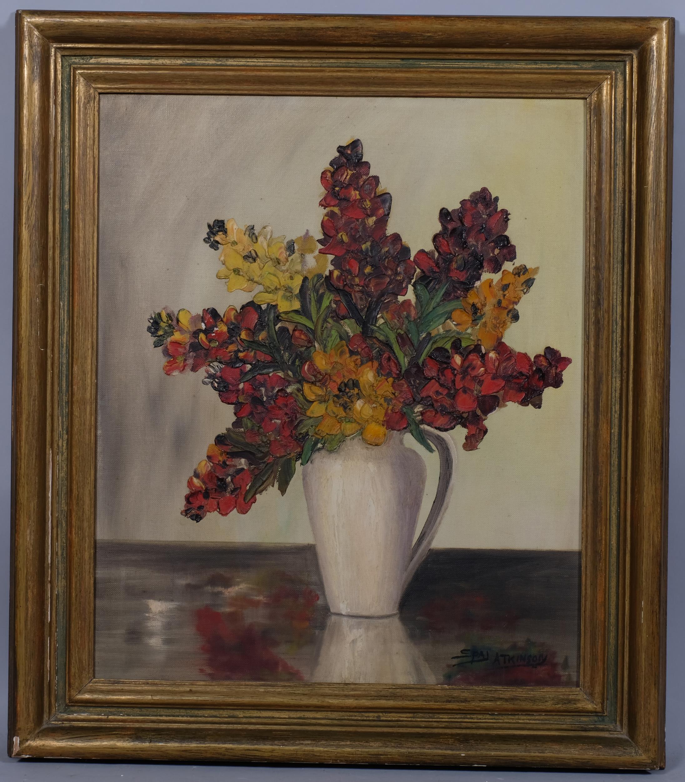 Spaj Atkinson (born 1899), still life flowers, oil on canvas, signed, 60cm x 50cm, framed Good