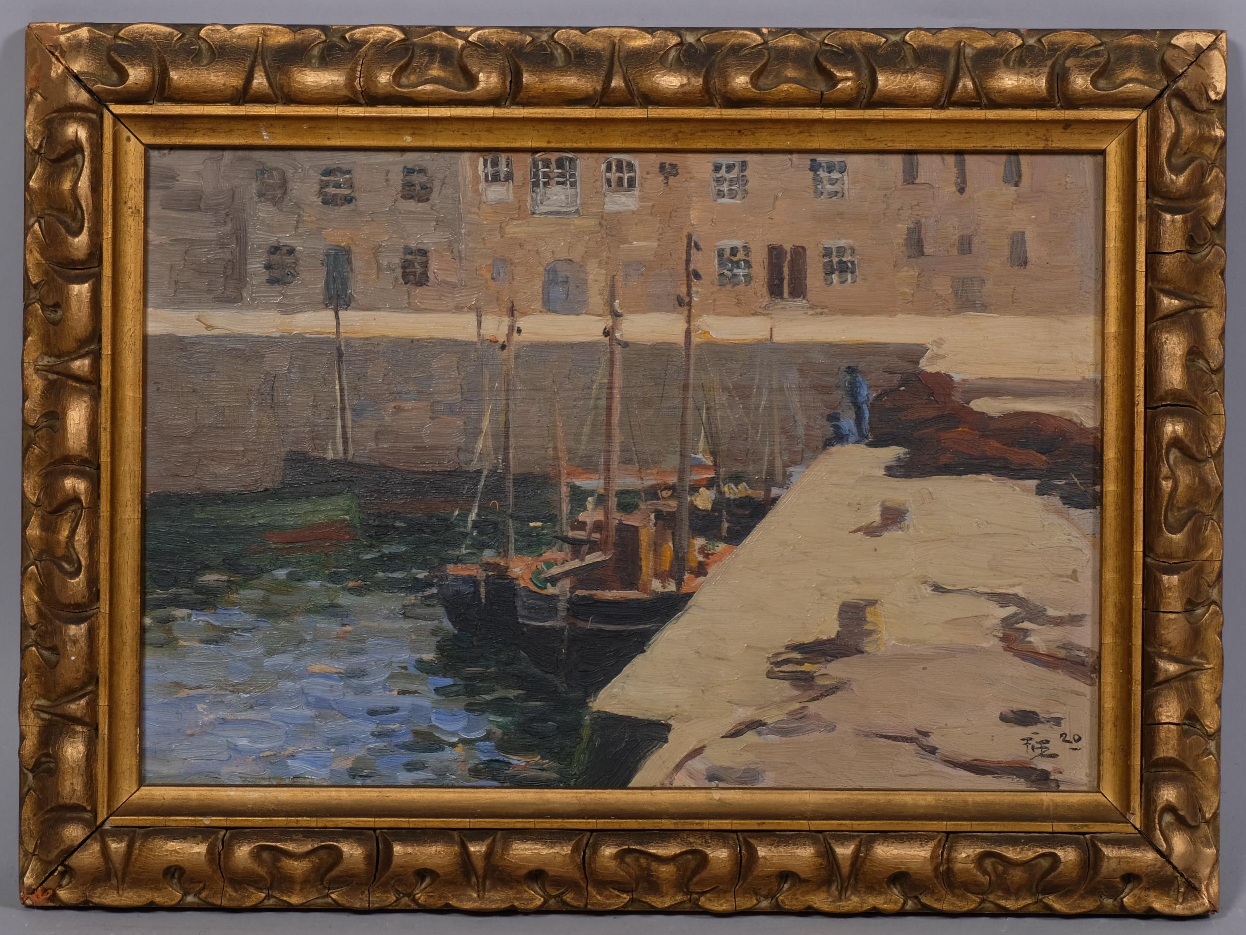 Fishing harbour scene, oil on board, signed with monogram dated 1920, 19cm x 29cm, framed Good