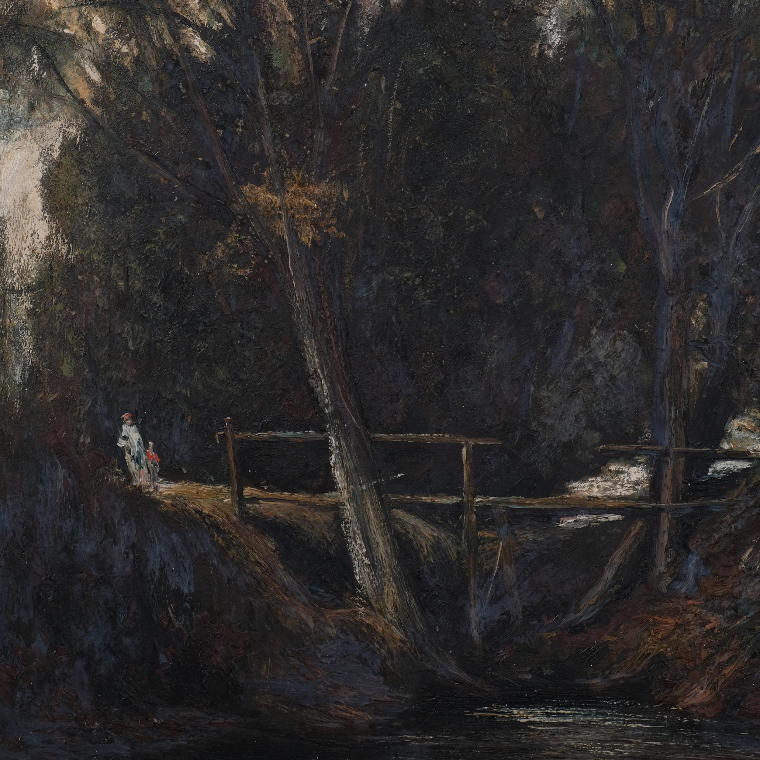 Figures by an old wooden bridge, early 20th century oil on board, unsigned, 39cm x 43cm, framed Good - Image 2 of 4