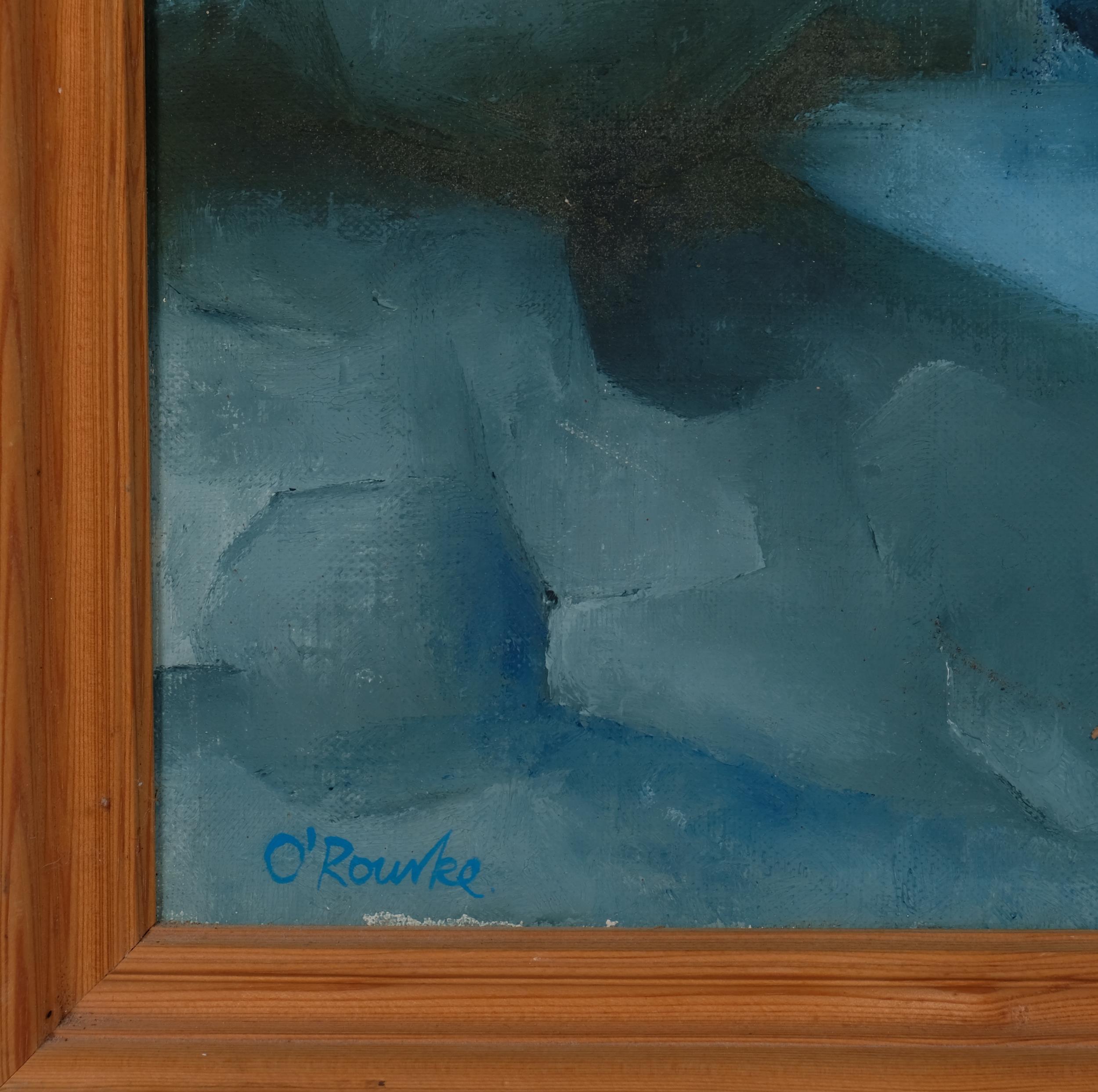 B O'Rourke, blue abstract composition, mid-20th century oil on canvas, signed, 51cm x 91cm, framed - Image 3 of 4