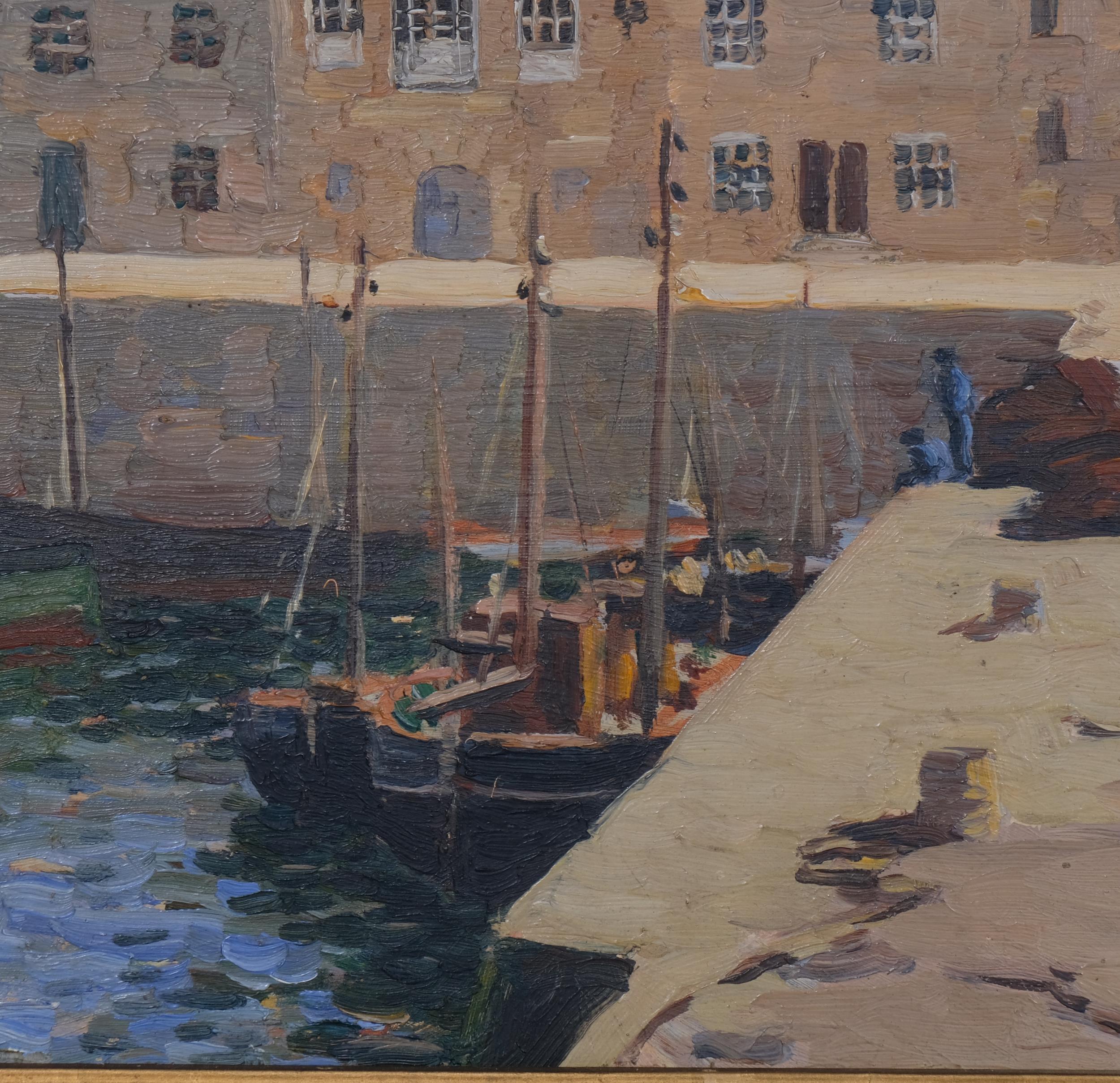 Fishing harbour scene, oil on board, signed with monogram dated 1920, 19cm x 29cm, framed Good - Image 2 of 4