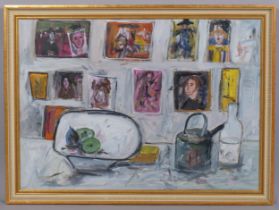 Modernist still life, contemporary oil on board, unsigned, 48cm x 67cm, framed and glazed Good