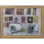 Modernist still life, contemporary oil on board, unsigned, 48cm x 67cm, framed and glazed Good