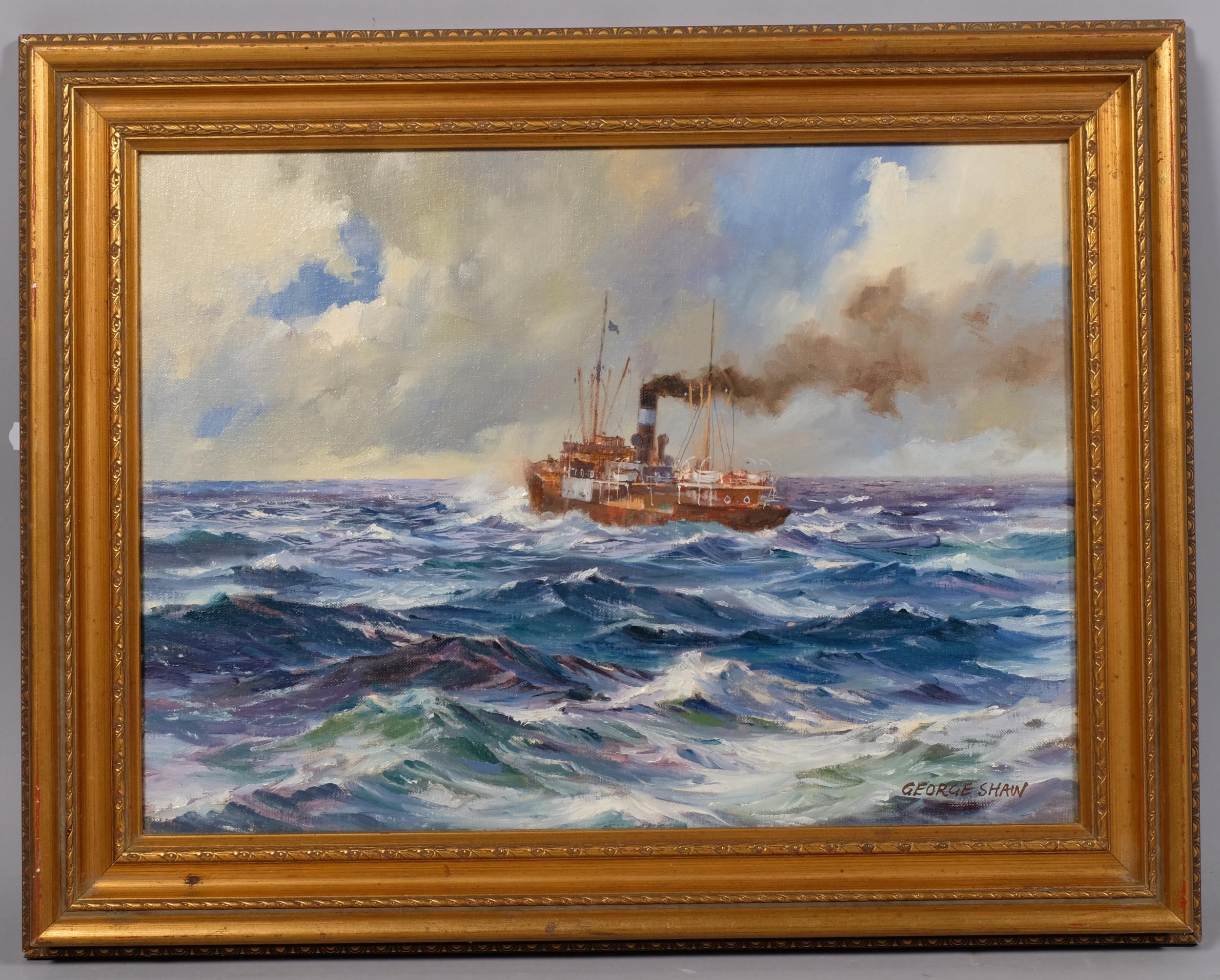 George Shaw (born 1929), cargo ship at sea, oil on canvas, signed, 30cm x 40cm, framed Good