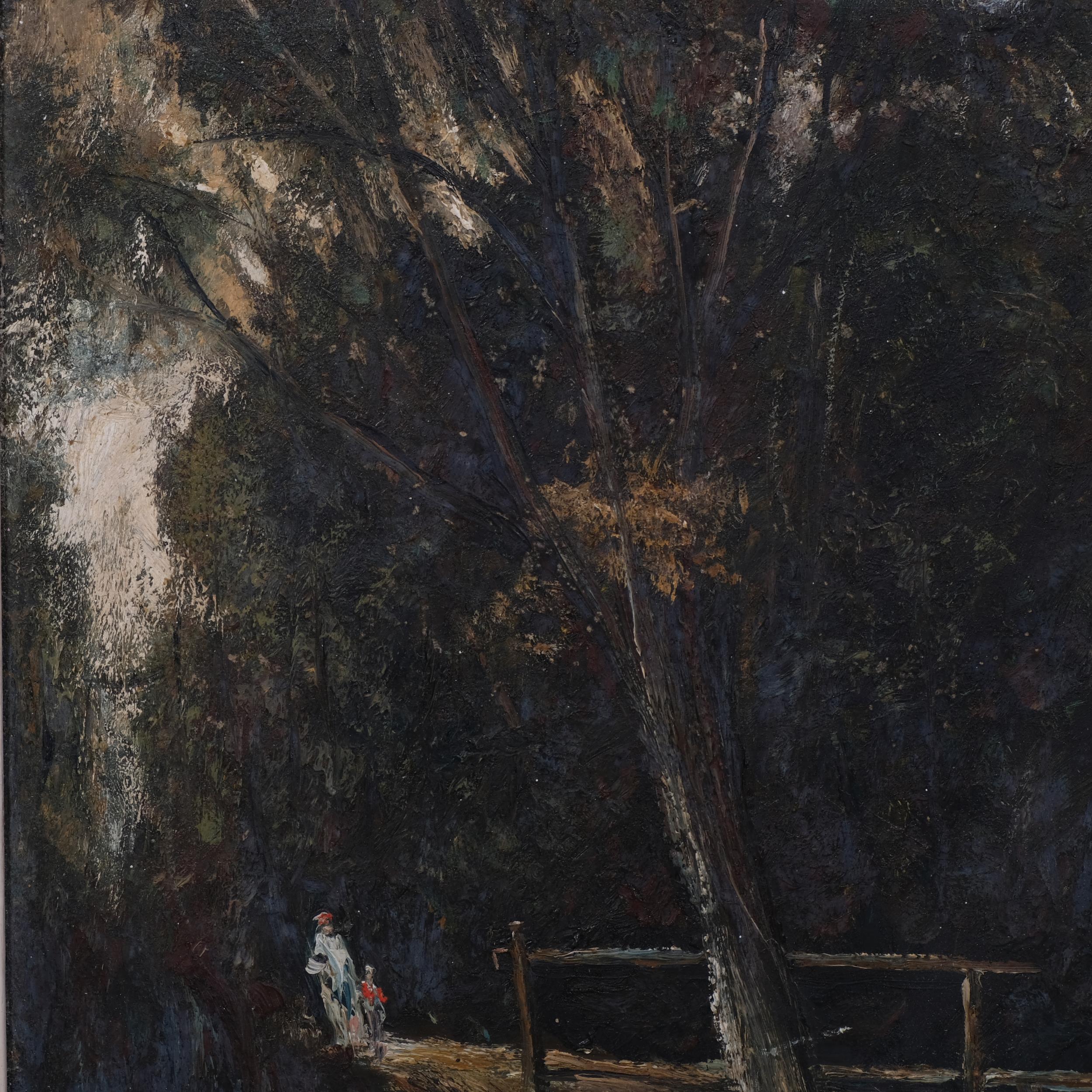 Figures by an old wooden bridge, early 20th century oil on board, unsigned, 39cm x 43cm, framed Good - Image 3 of 4