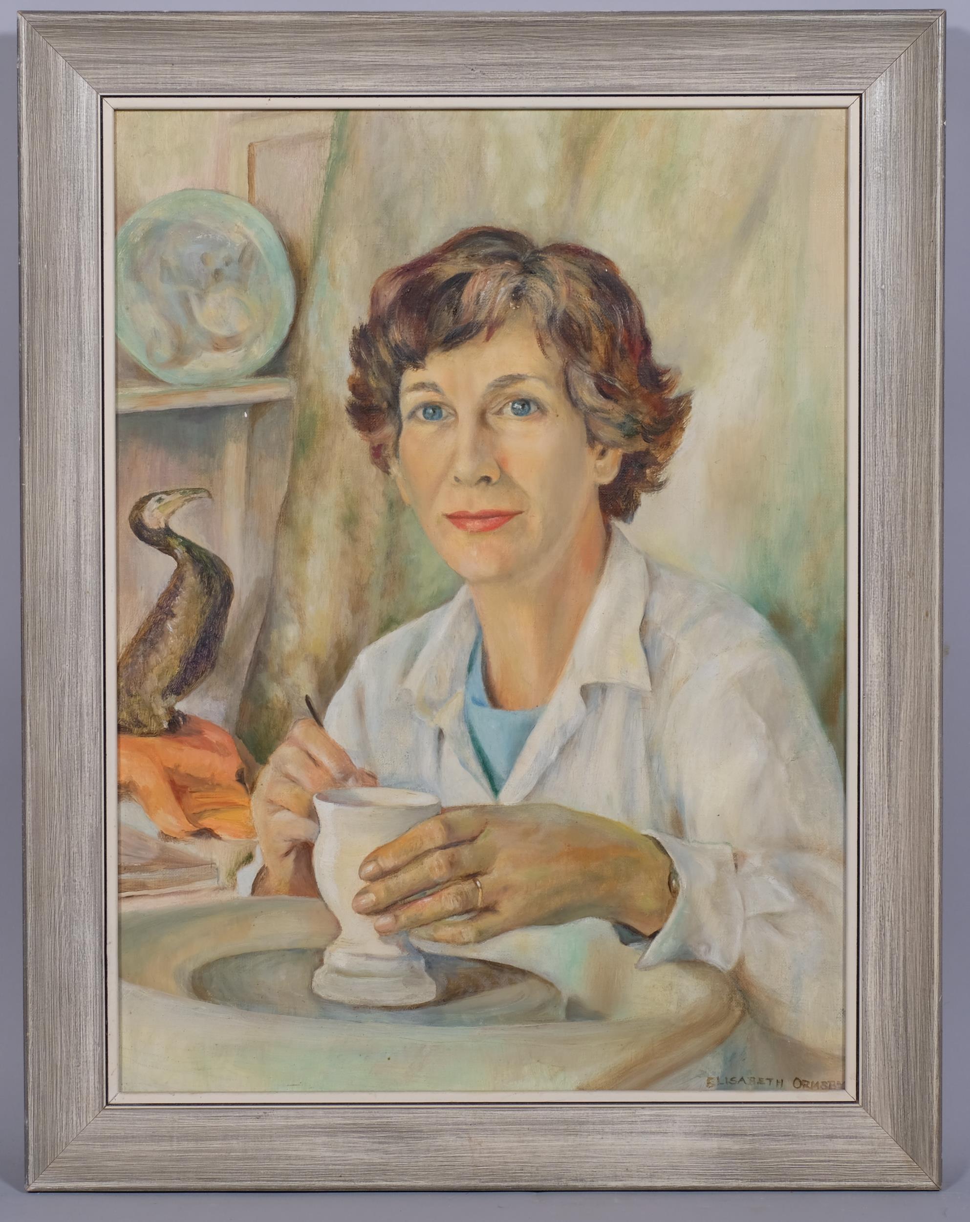 Elizabeth Ormsey, portrait of a potter, oil on canvas, 60cm x 44cm, framed Good condition
