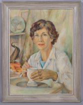 Elizabeth Ormsey, portrait of a potter, oil on canvas, 60cm x 44cm, framed Good condition