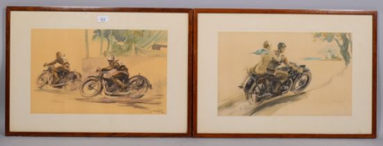 George Hann, pair of motorcycle studies, colour prints, 30cm x 48cm, framed Good condition