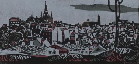 Czech townscape, mid-20th century woodblock print, signed and dated 1964, no. 25/200, image 21cm x