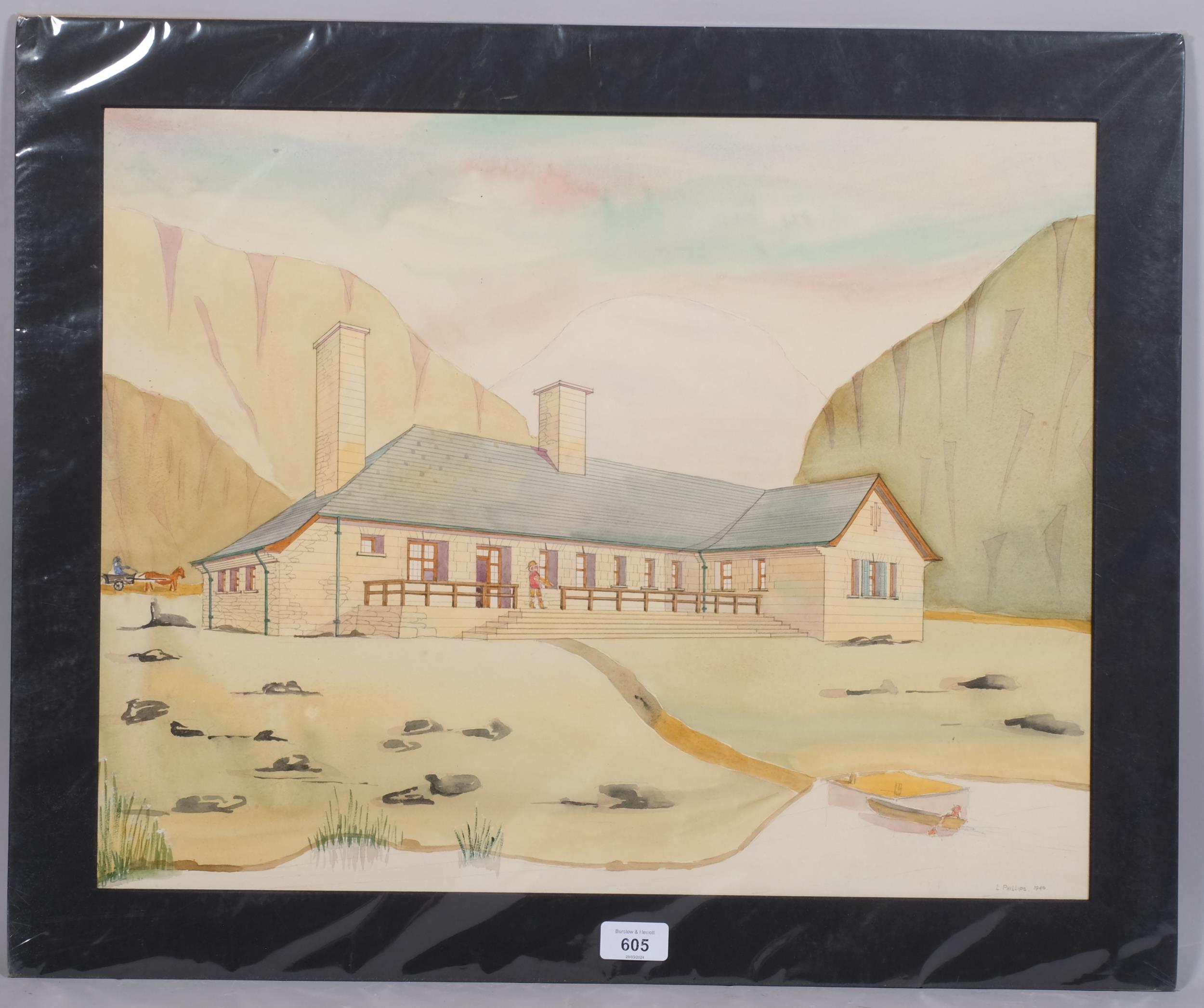 L Phillips, architectural drawing of a house, possibly Australian, watercolour, signed and dated - Image 2 of 4