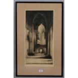 Fred Farrell, Glasgow Cathedral interior, etching, signed in pencil, plate 54cm x 27cm, framed Image