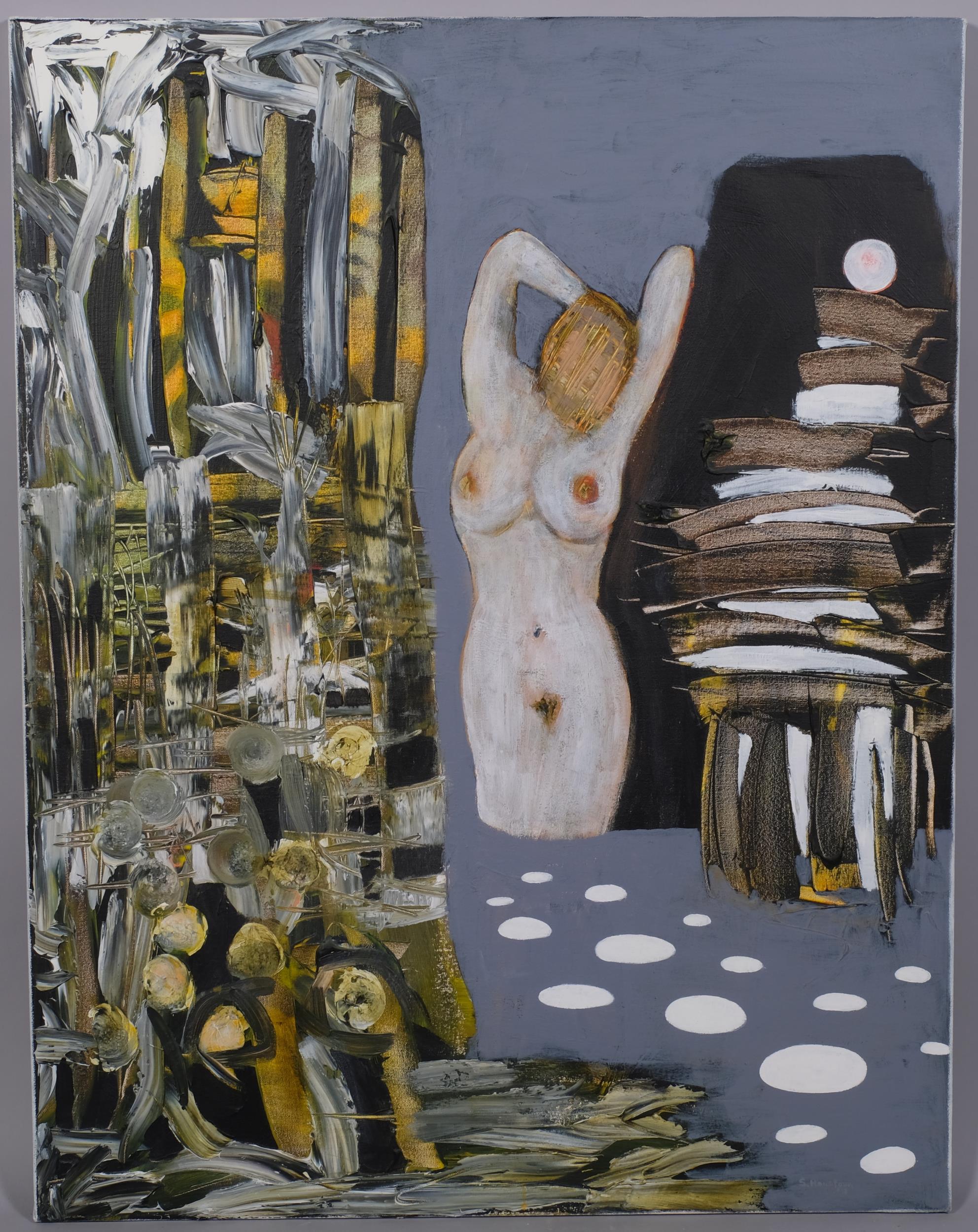 Steve Houstoun (born 1953), abstract with nude figure, oil on canvas, 91cm x 71cm, unframed Very