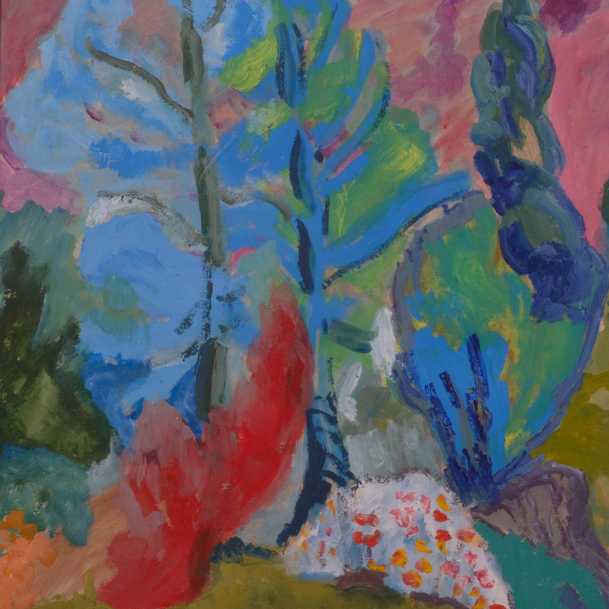 Joan Painter, abstract landscape, mid-20th century gouache/oil on paper, signed, 55cm x 75cm, framed - Image 2 of 4