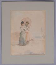 Circle of Eugene Boudin, ladies at the beach, 19th century watercolour, indistinct monogram, 21.