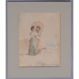 Circle of Eugene Boudin, ladies at the beach, 19th century watercolour, indistinct monogram, 21.