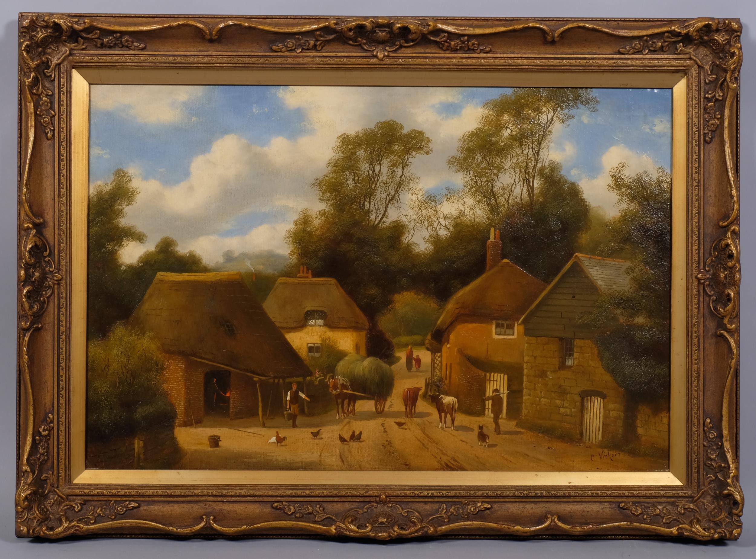 C Vickers, farmyard scene, oil on canvas, signed, 40cm x 61cm, framed All in good clean condition,