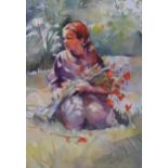 Trevor Waugh, girl with flowers, watercolour, signed and dated 1996, 31cm x 21cm Good condition