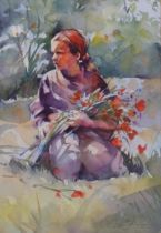 Trevor Waugh, girl with flowers, watercolour, signed and dated 1996, 31cm x 21cm Good condition