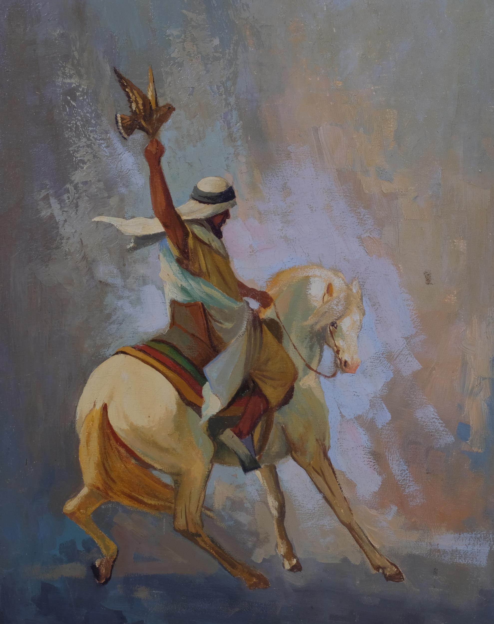20th century Middle Eastern School, Arab falconer on horseback, oil on canvas, indistinctly - Image 2 of 4