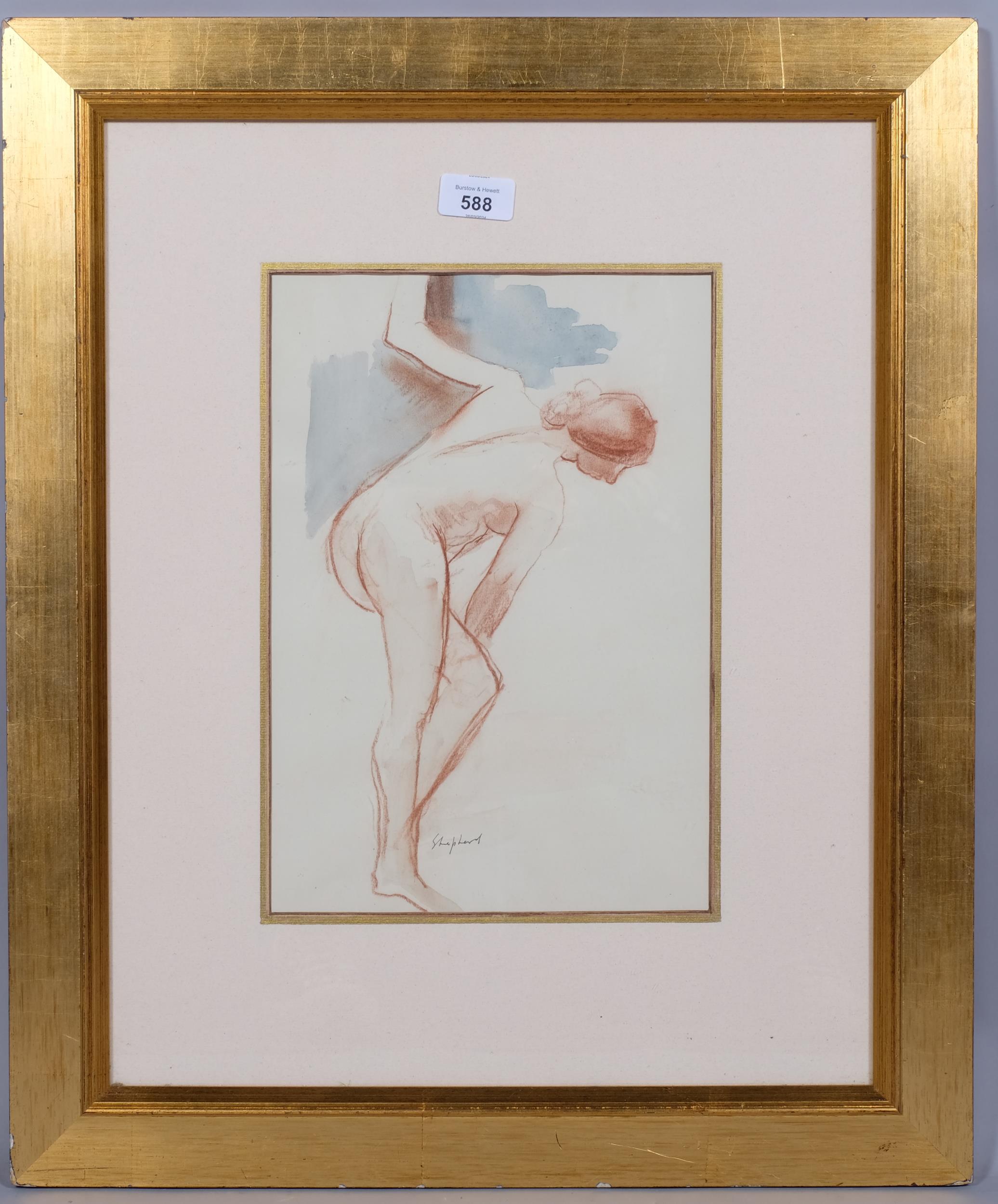 Toby Horne Shepherd, nude life study, sanguine chalk/watercolour, signed, 33cm x 23cm, framed Good