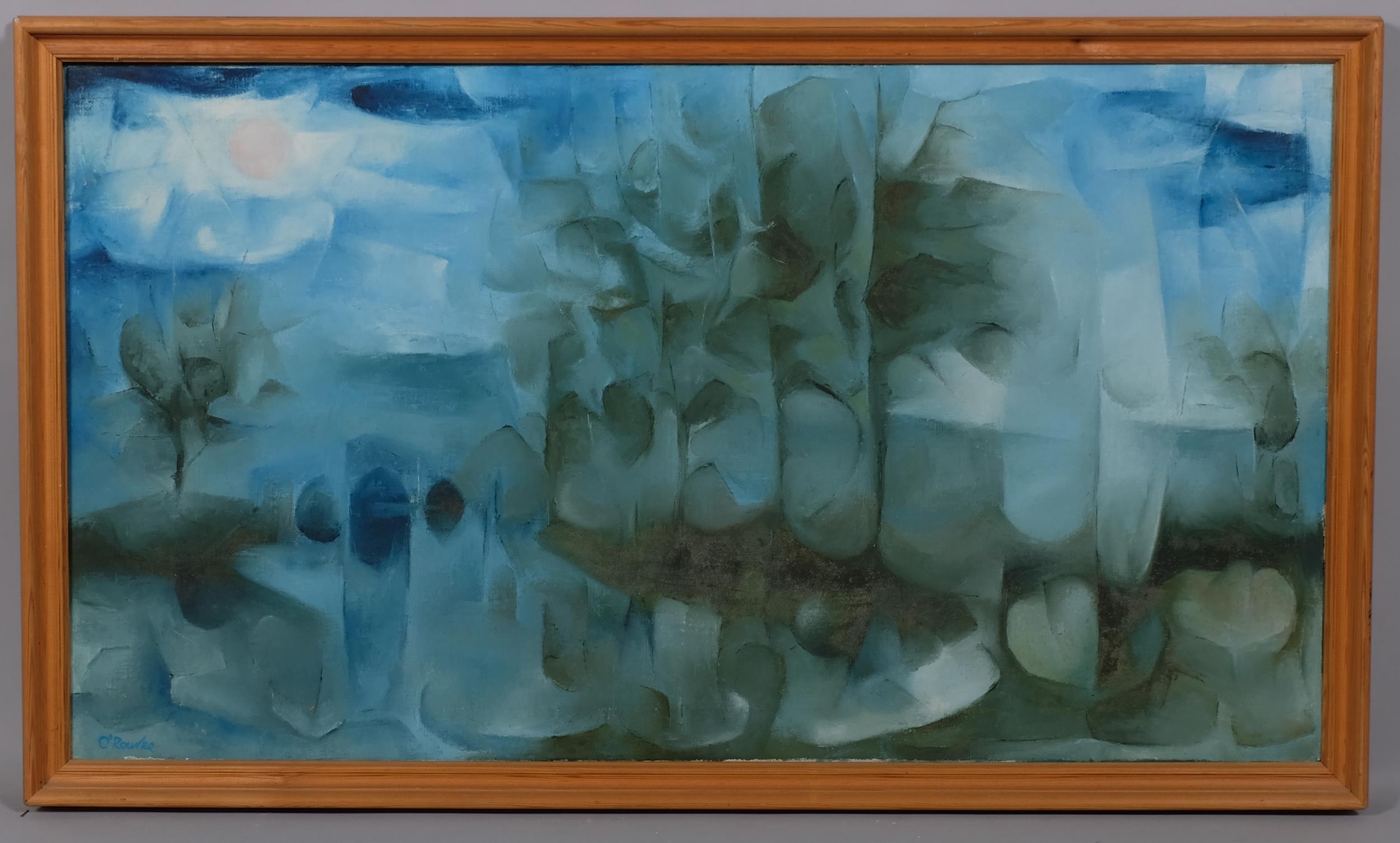 B O'Rourke, blue abstract composition, mid-20th century oil on canvas, signed, 51cm x 91cm, framed