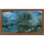 B O'Rourke, blue abstract composition, mid-20th century oil on canvas, signed, 51cm x 91cm, framed