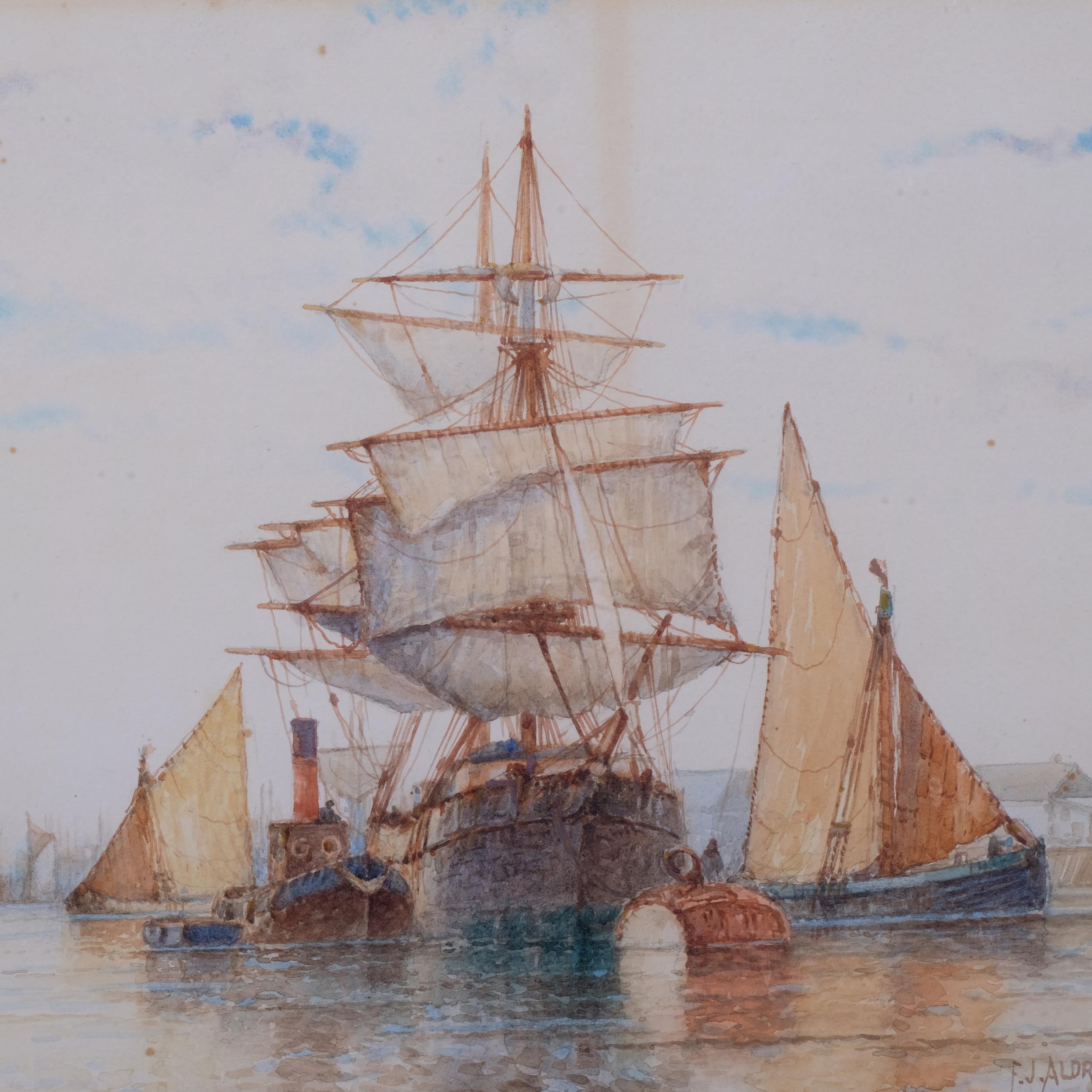Frederick James Aldridge, shipping on the Thames, watercolour, signed, 36cm x 54cm, framed Foxing - Image 2 of 4