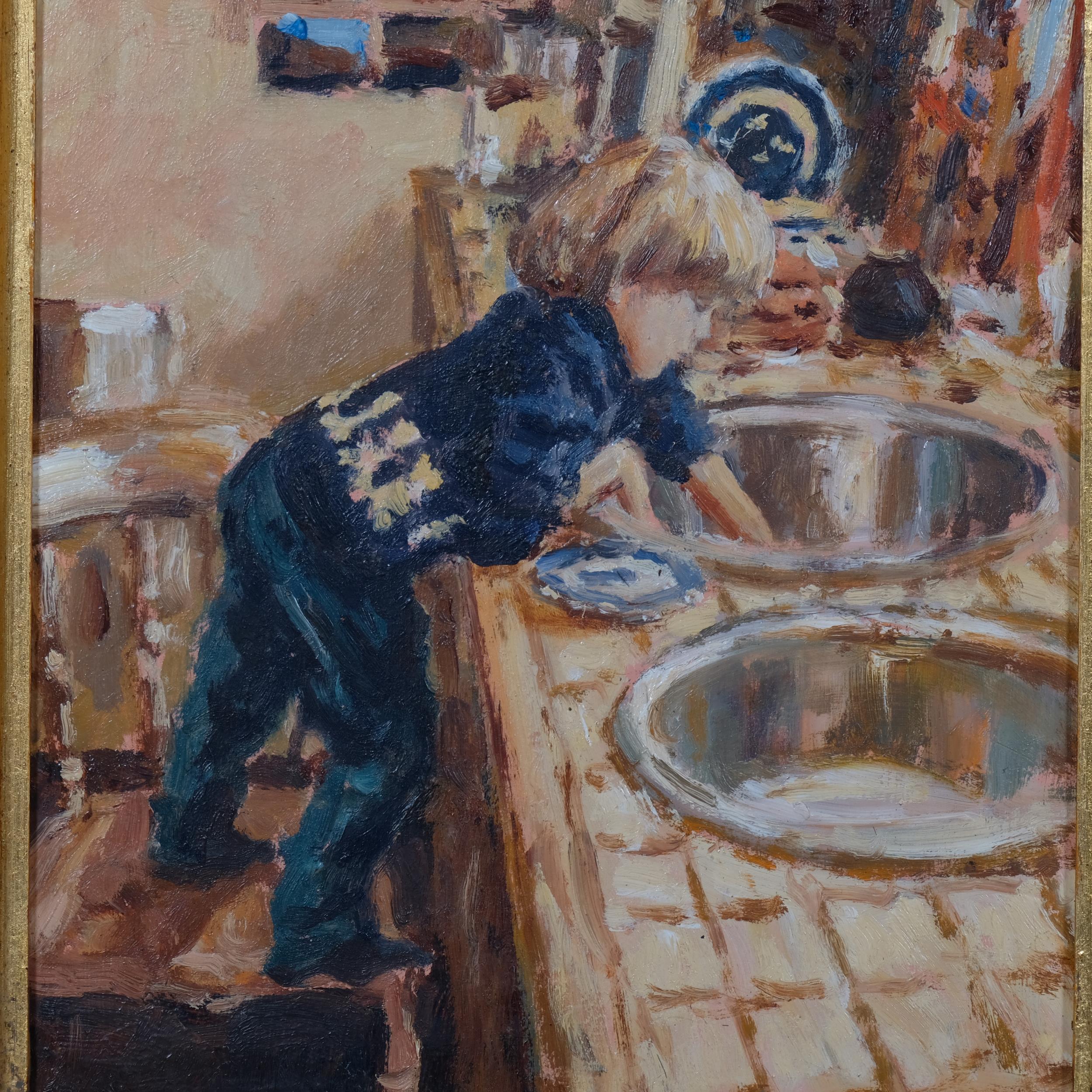 Edward Dawson (1941 - 1999), washing up, oil on board, signed, 24cm x 19cm, framed Good condition, - Image 2 of 4