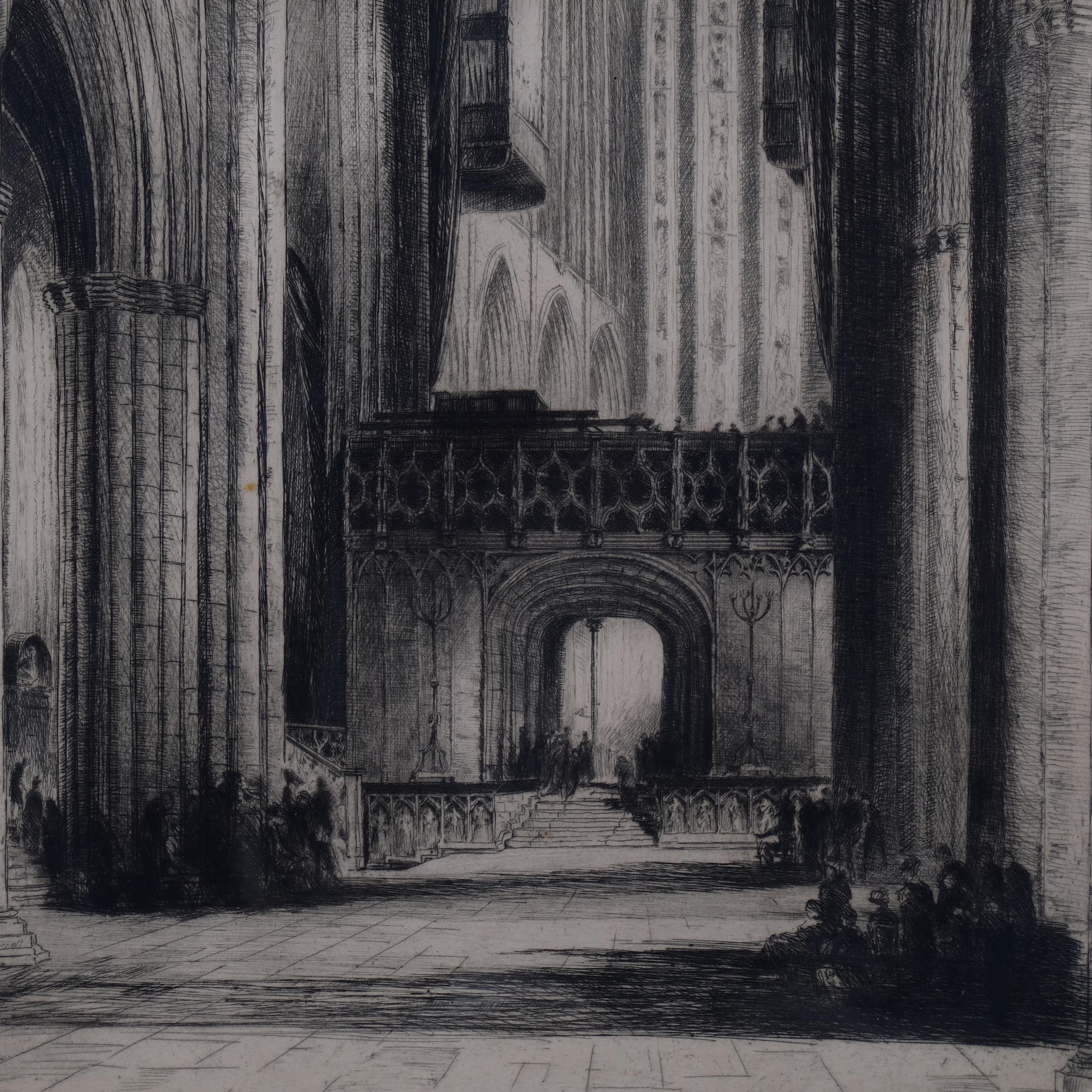 Fred Farrell, Glasgow Cathedral interior, etching, signed in pencil, plate 54cm x 27cm, framed Image - Image 2 of 4