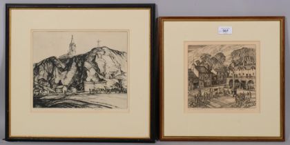 E Owen Jennings, 2 etchings, market square Settle, no. 2/50, plated 17.5cm x 19cm, and a quarry,