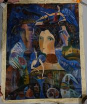 Contemporary Russian School, modernist portrait, oil on unstretched canvas, inscribed verso, image