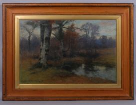19th century wooded landscape, coloured pastels, unsigned, 50cm x 75cm, framed and glazed Good