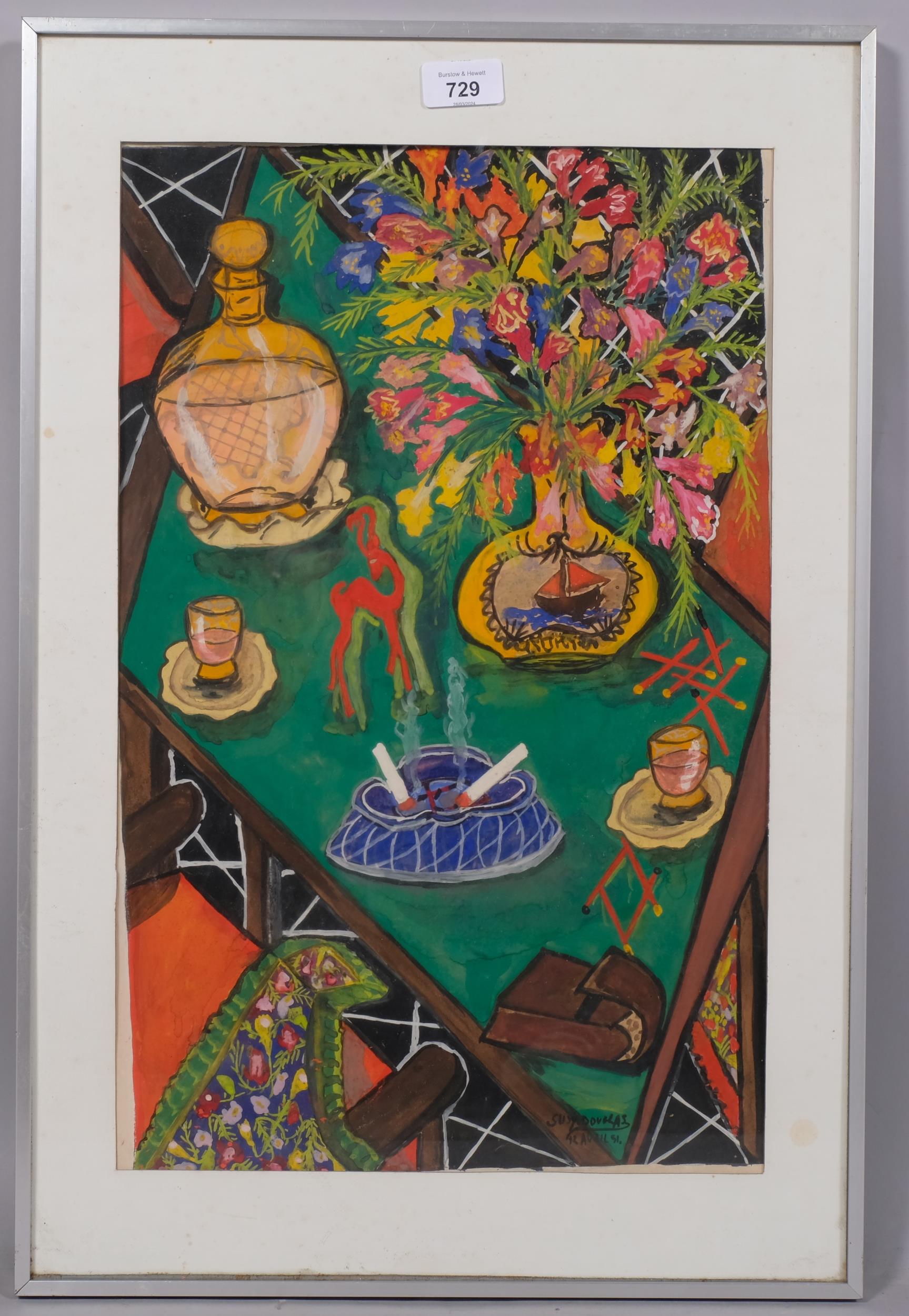 Susy Douglas, modernist still life, watercolour, signed, dated 1951, 48cm x 31cm, framed Good - Image 2 of 4